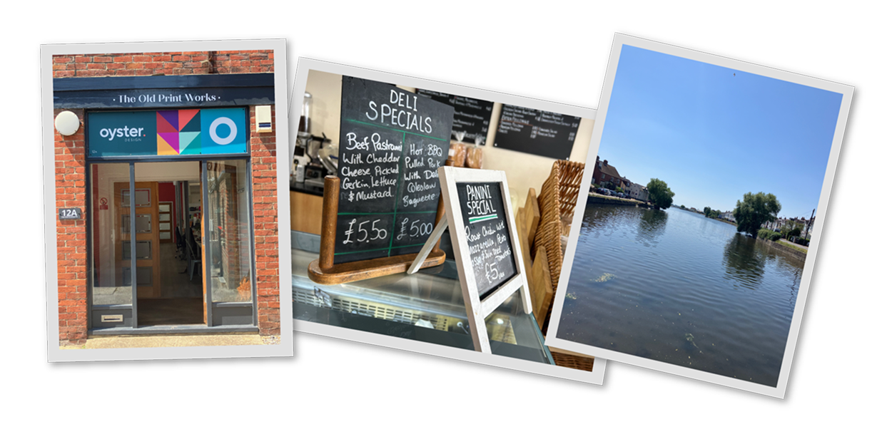 Three framed photos show the bright colourful exterior of the Oyster Design office, the menu of their local cafe and the lovely calm blue water of Emsworth millpond with a clear blue sky.